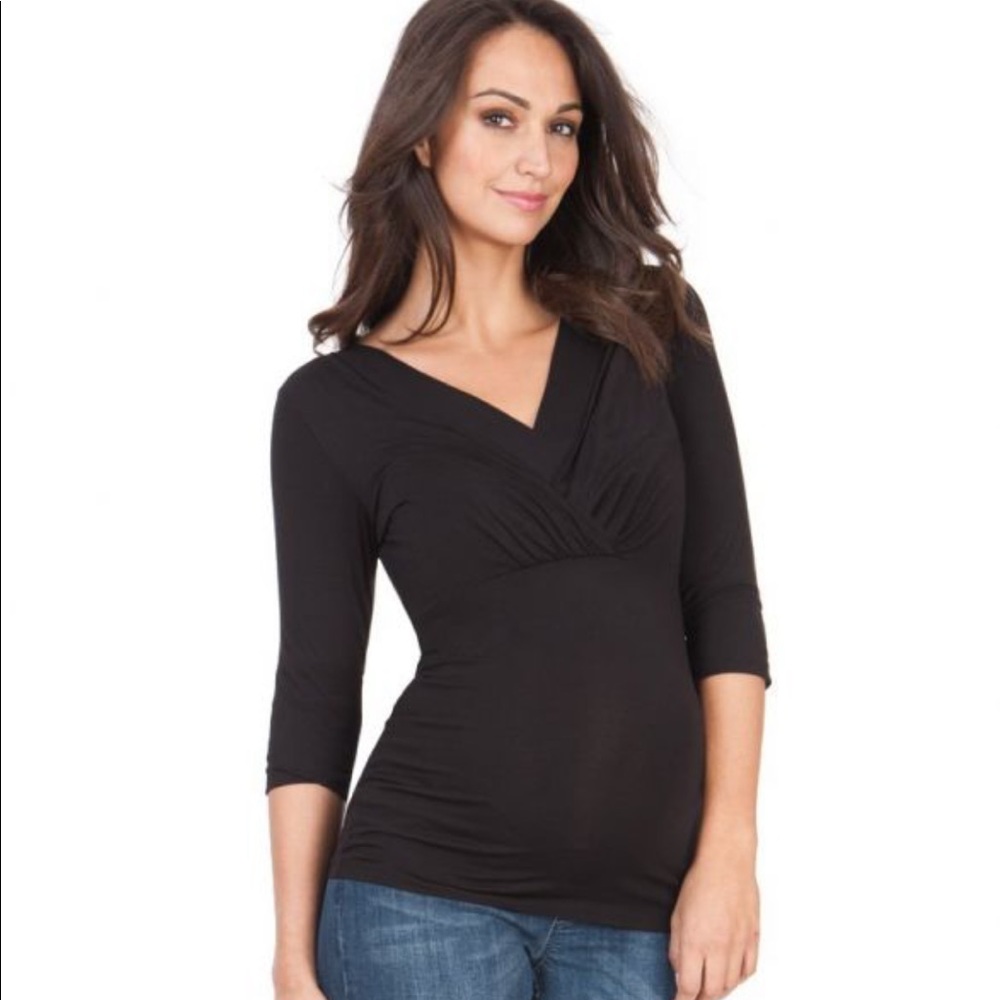 SERAPHINE BLACK 3/4 SLEEVE PLEATED MATERNITY & NURSING TOP